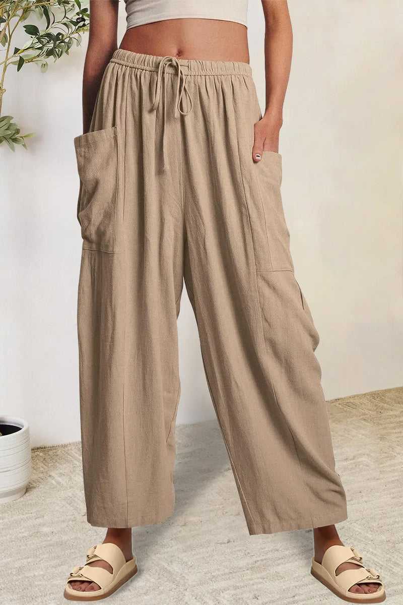 Full Size Pocketed Drawstring Wide Leg Pants Trendsi