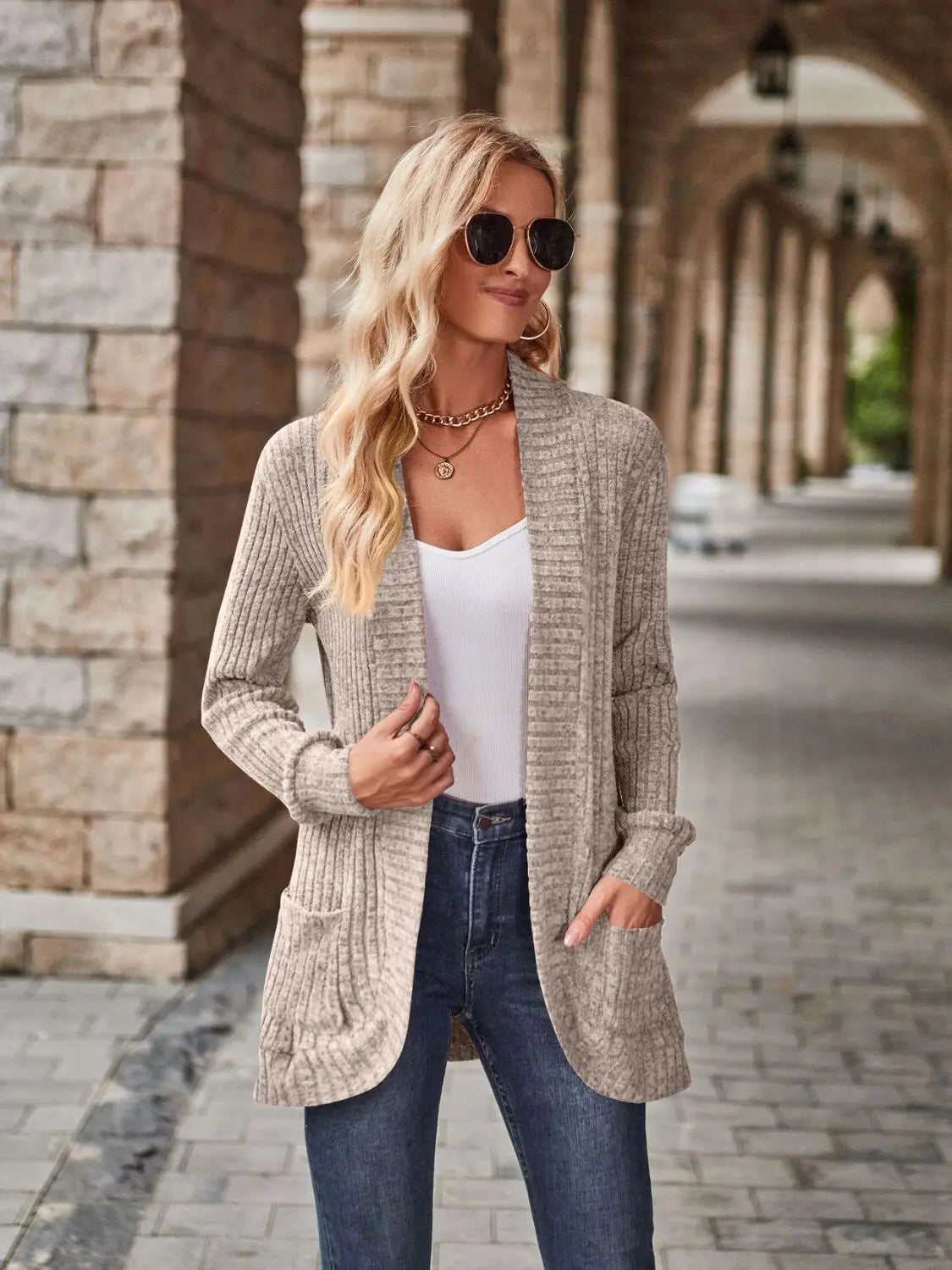 Open Front Cardigan with Pockets Trendsi