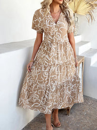 Devine Printed Johnny Collar Button Down Short Sleeve Midi Shirt Dress Trendsi