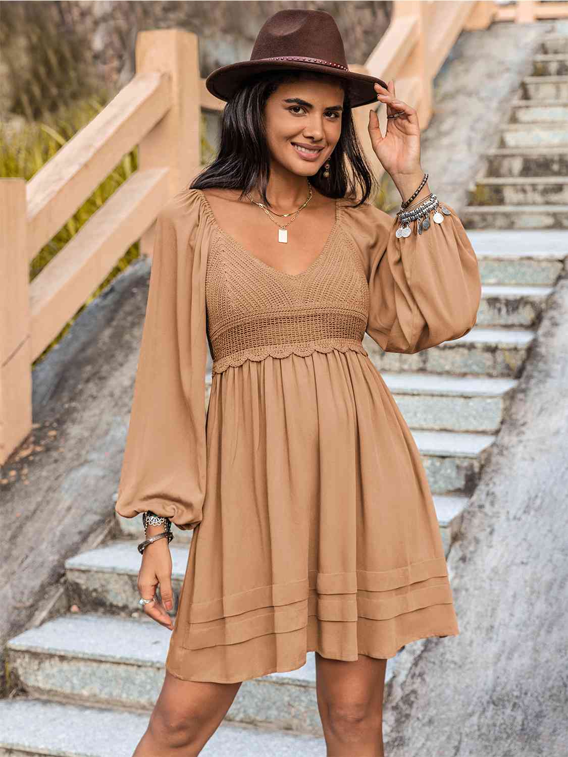 Crochet V-Neck Balloon Sleeve Dress Trendsi