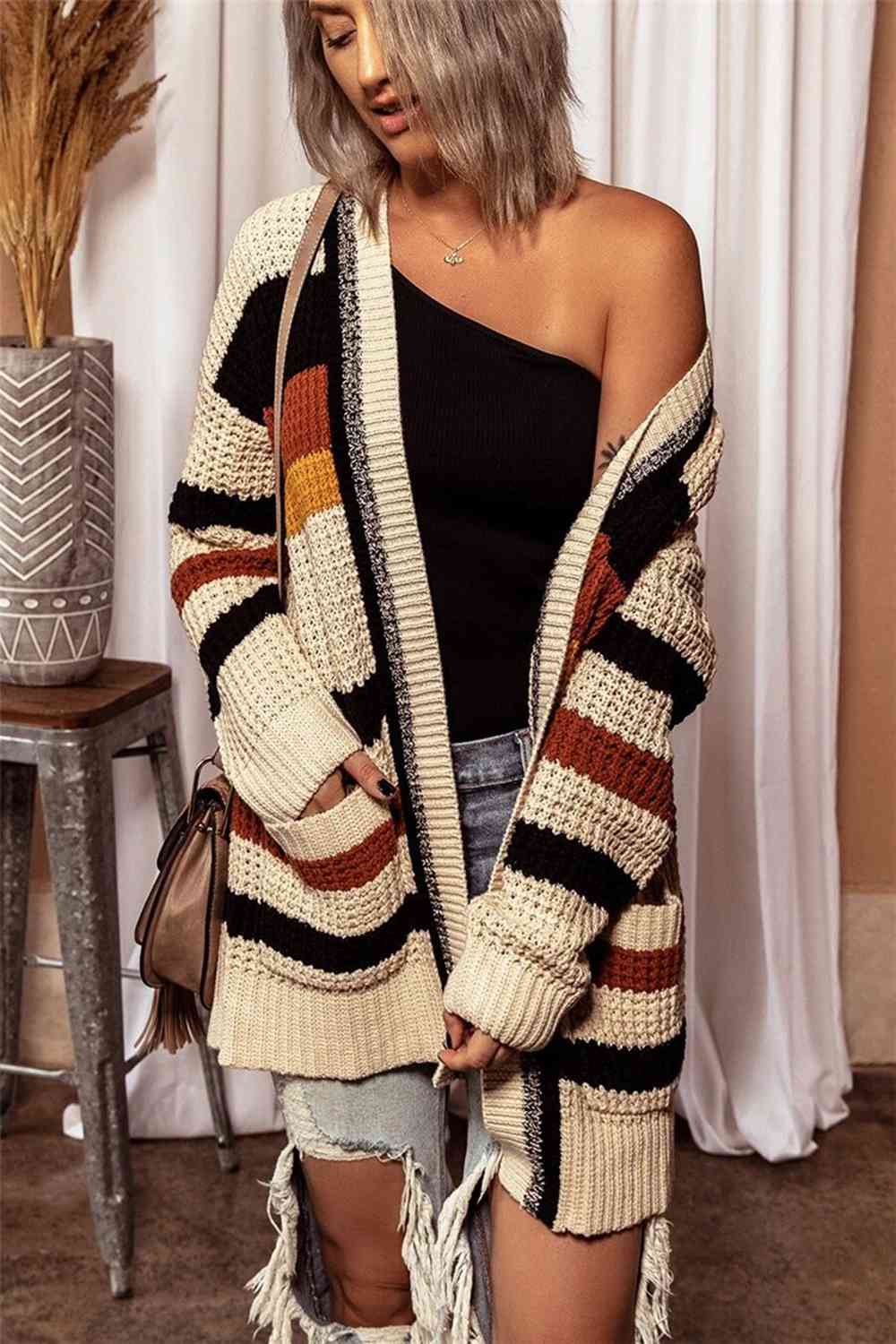 Striped Open Front Longline Cardigan Trendsi