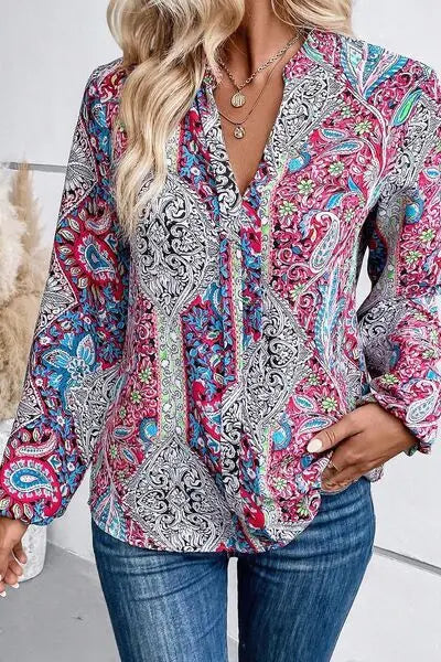 Printed Notched Long Sleeve Shirt Trendsi