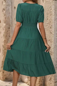 V-Neck Button Up Balloon Sleeve Midi Dress Trendsi