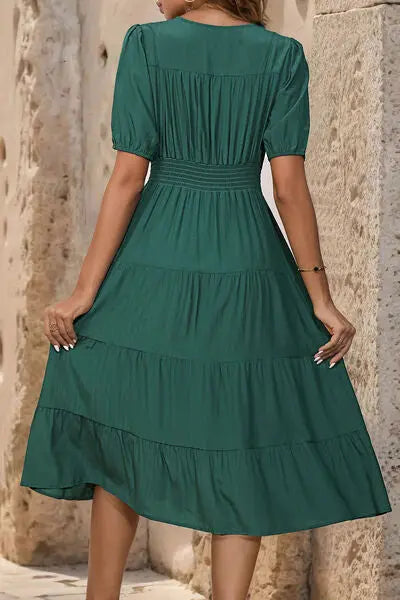 V-Neck Button Up Balloon Sleeve Midi Dress Trendsi