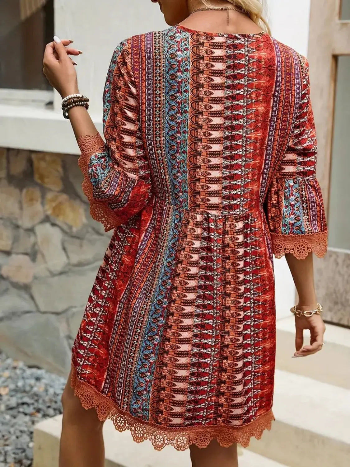 Lace Trim Printed V-Neck 3/4 Sleeve Dress Trendsi