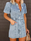 Puff Sleeve Button Up Mini Denim Dress Trendsi
