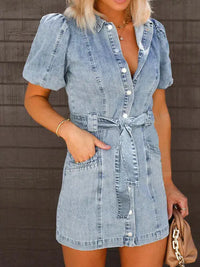 Puff Sleeve Button Up Mini Denim Dress Trendsi