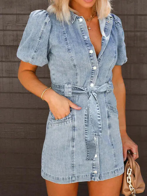 Puff Sleeve Button Up Mini Denim Dress Trendsi