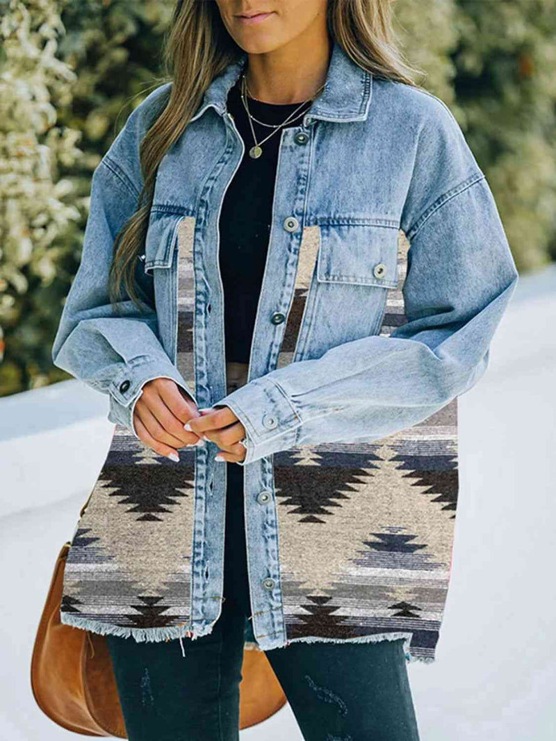 Collared Neck Dropped Shoulder Denim Jacket Trendsi