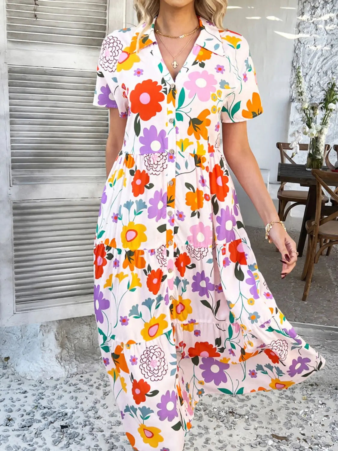 Devine Printed Johnny Collar Button Down Short Sleeve Midi Shirt Dress Trendsi