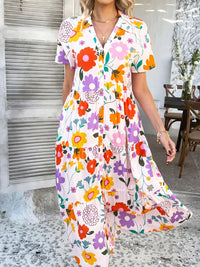 Devine Printed Johnny Collar Button Down Short Sleeve Midi Shirt Dress Trendsi