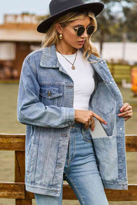 Buttoned Collared Neck Denim Jacket with Pockets Trendsi