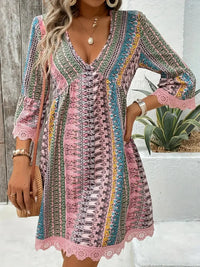Lace Trim Printed V-Neck 3/4 Sleeve Dress Trendsi