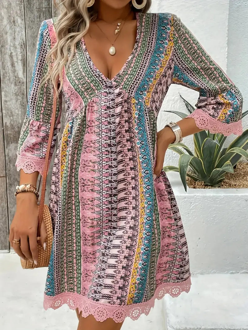 Lace Trim Printed V-Neck 3/4 Sleeve Dress Trendsi