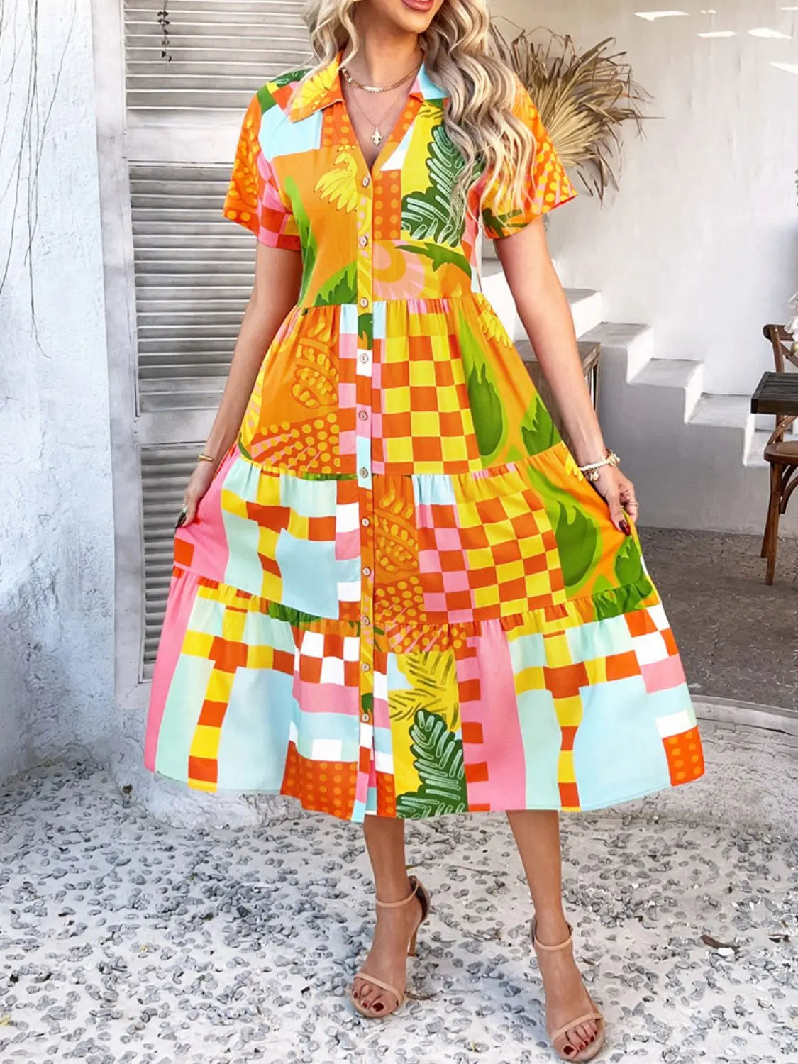 Devine Printed Johnny Collar Button Down Short Sleeve Midi Shirt Dress Trendsi