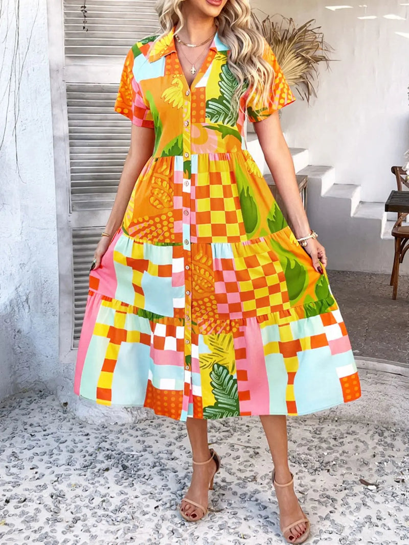 Devine Printed Johnny Collar Button Down Short Sleeve Midi Shirt Dress Trendsi