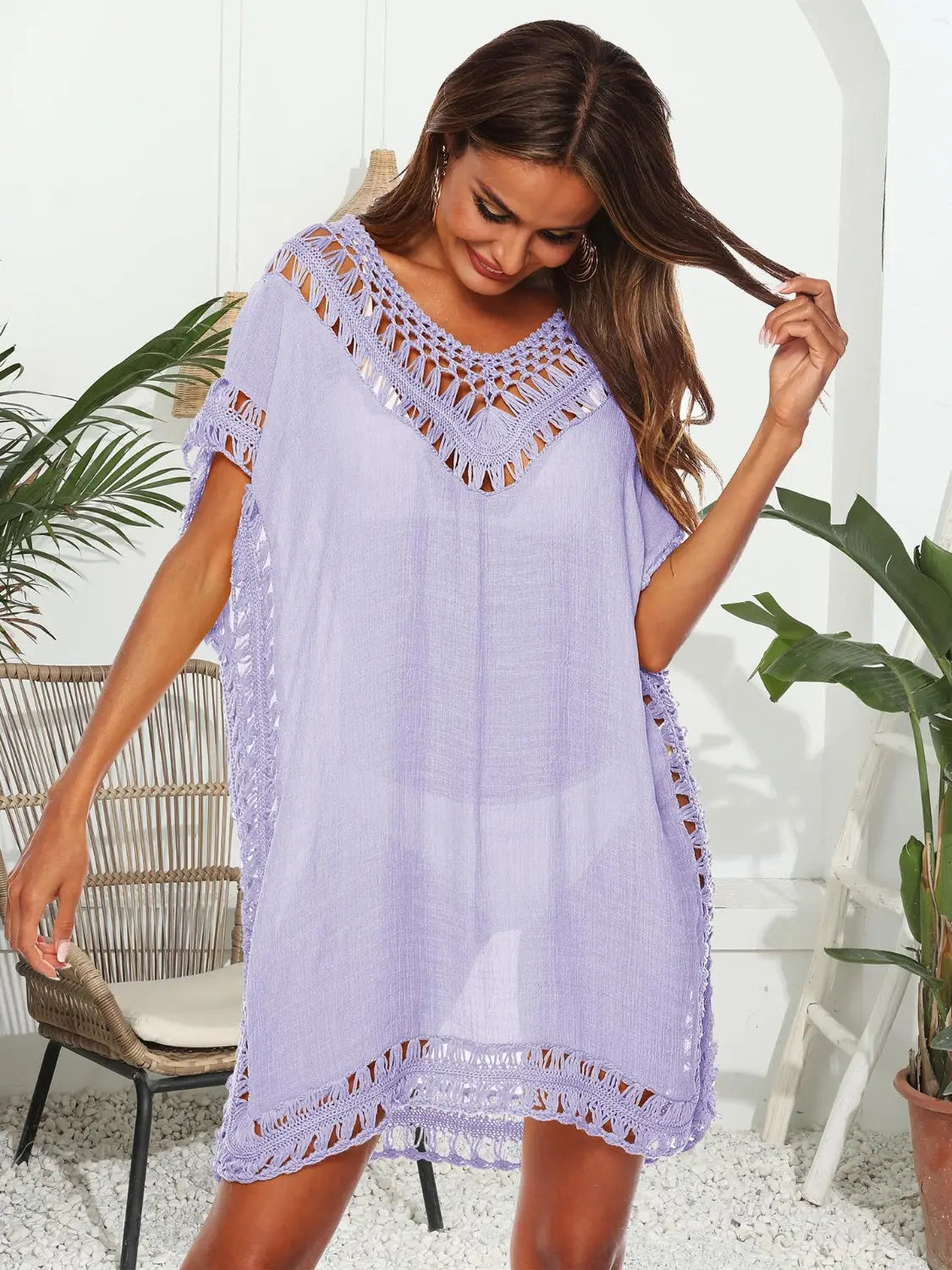 Cutout V-Neck Short Sleeve Cover-Up Trendsi