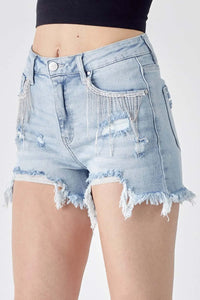 RISEN Frayed Hem Denim Shorts with Fringe Detail Pockets Trendsi