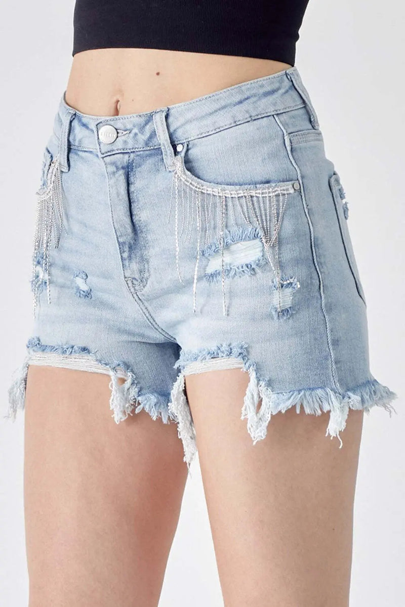 RISEN Frayed Hem Denim Shorts with Fringe Detail Pockets Trendsi