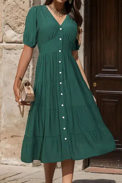 V-Neck Button Up Balloon Sleeve Midi Dress Trendsi