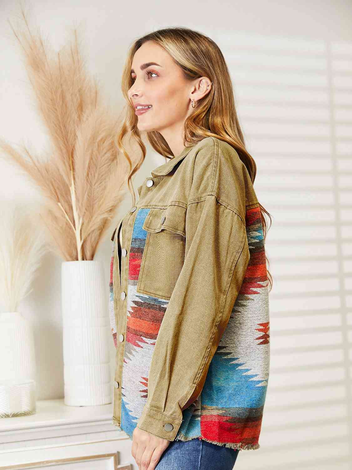 Dropped Shoulder Long Sleeve Printed Denim Jacket Trendsi