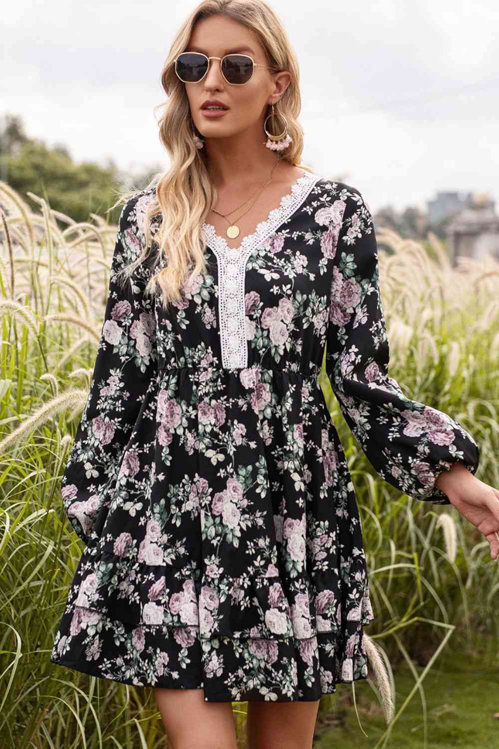Floral Lace Trim Long Sleeve Dress Trendsi