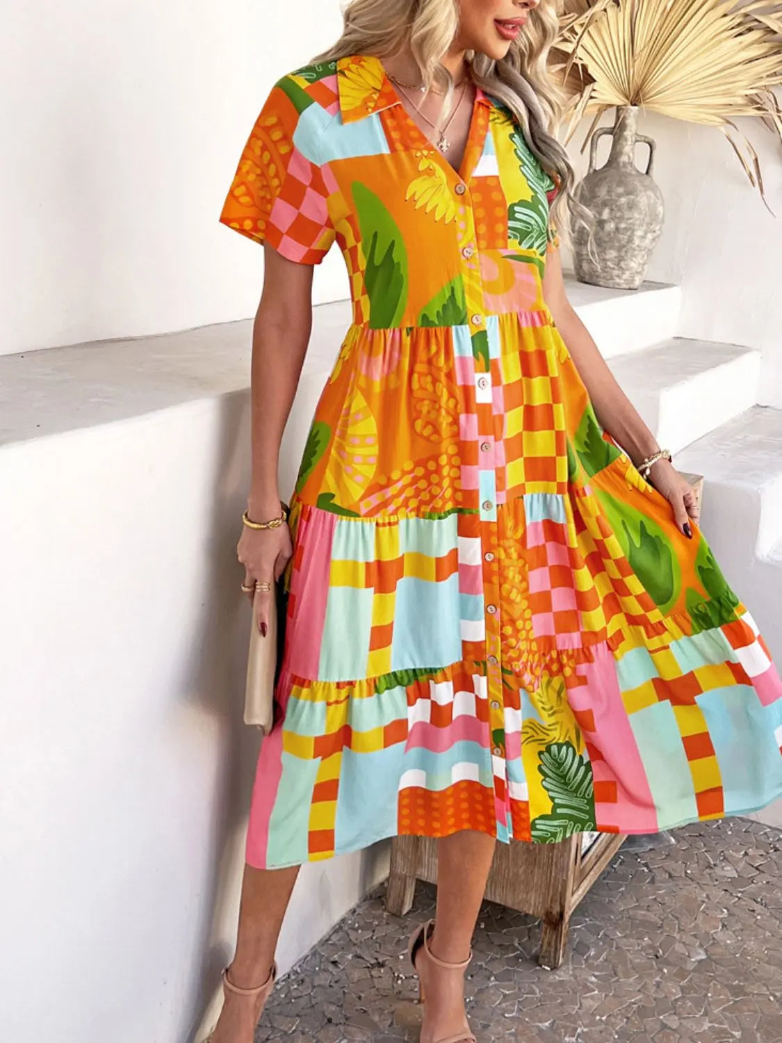 Devine Printed Johnny Collar Button Down Short Sleeve Midi Shirt Dress Trendsi