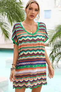 Rainbow Stripe Scalloped V-Neck Cover-Up Dress Trendsi