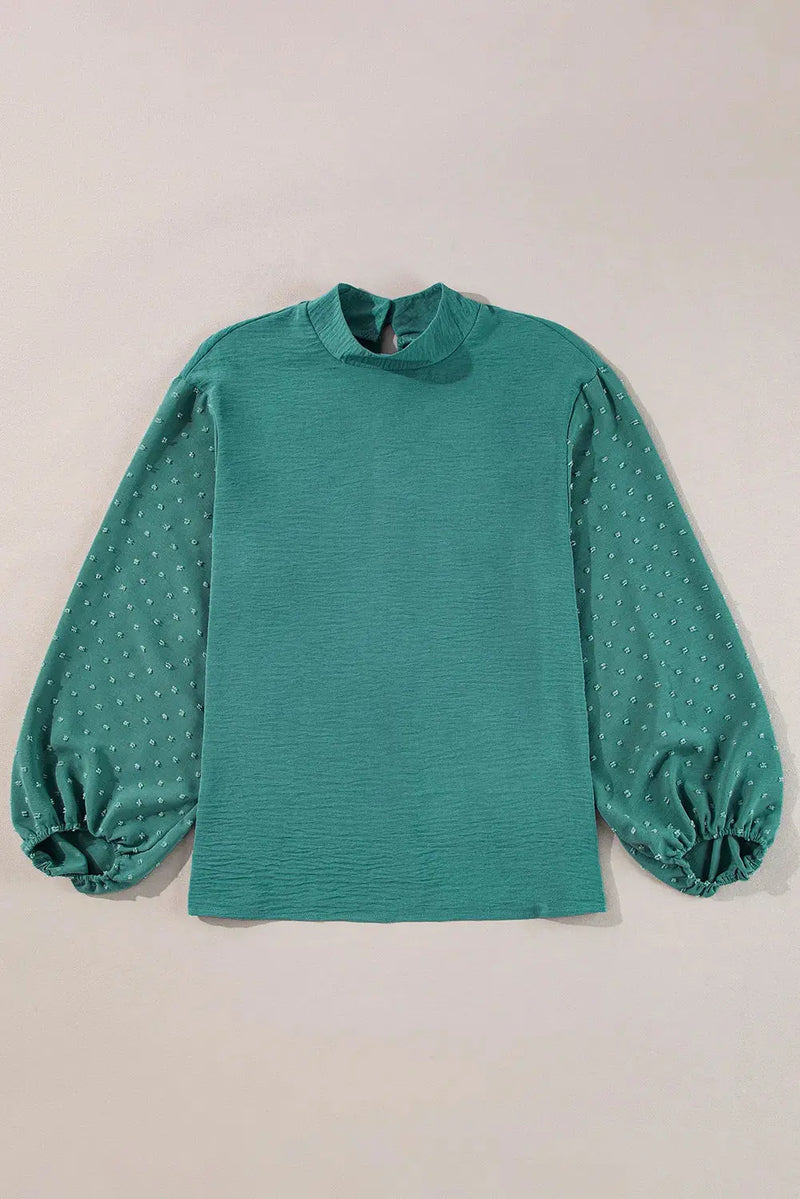 Swiss Dot Mock Neck Balloon Sleeve Blouse - Makuwa Swim Wear