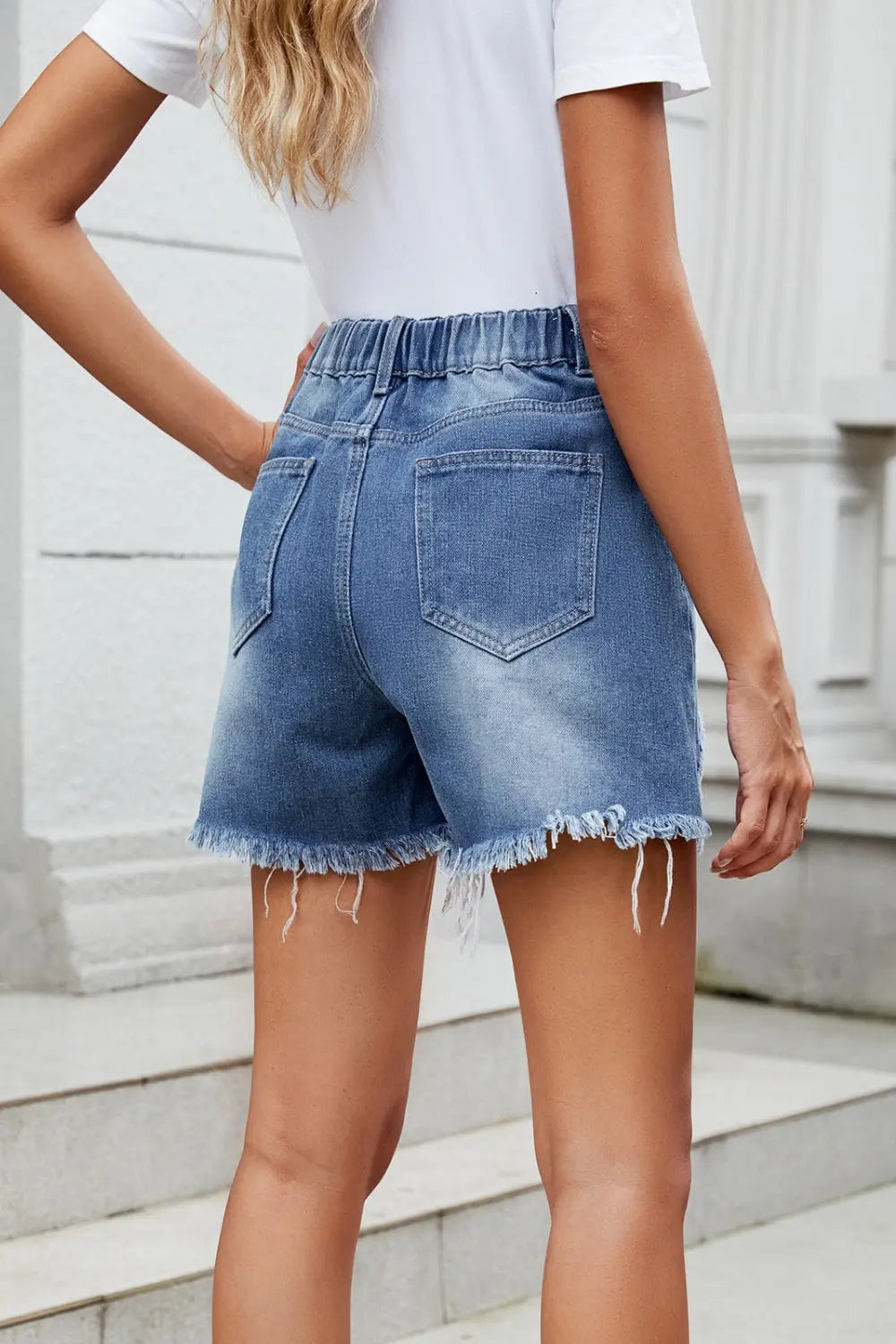 Distressed Raw Hem Asymmetric Waist Denim Shorts Trendsi