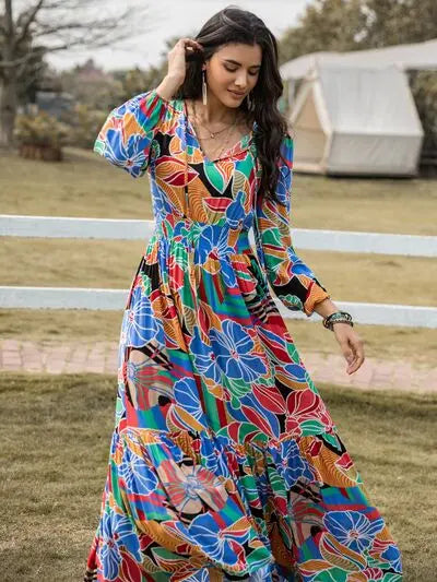 Printed Smocked Tie Neck Balloon Sleeve Maxi Dress Trendsi