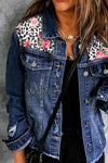 Mixed Print Distressed Button Front Denim Jacket - Makuwa Swim Wear