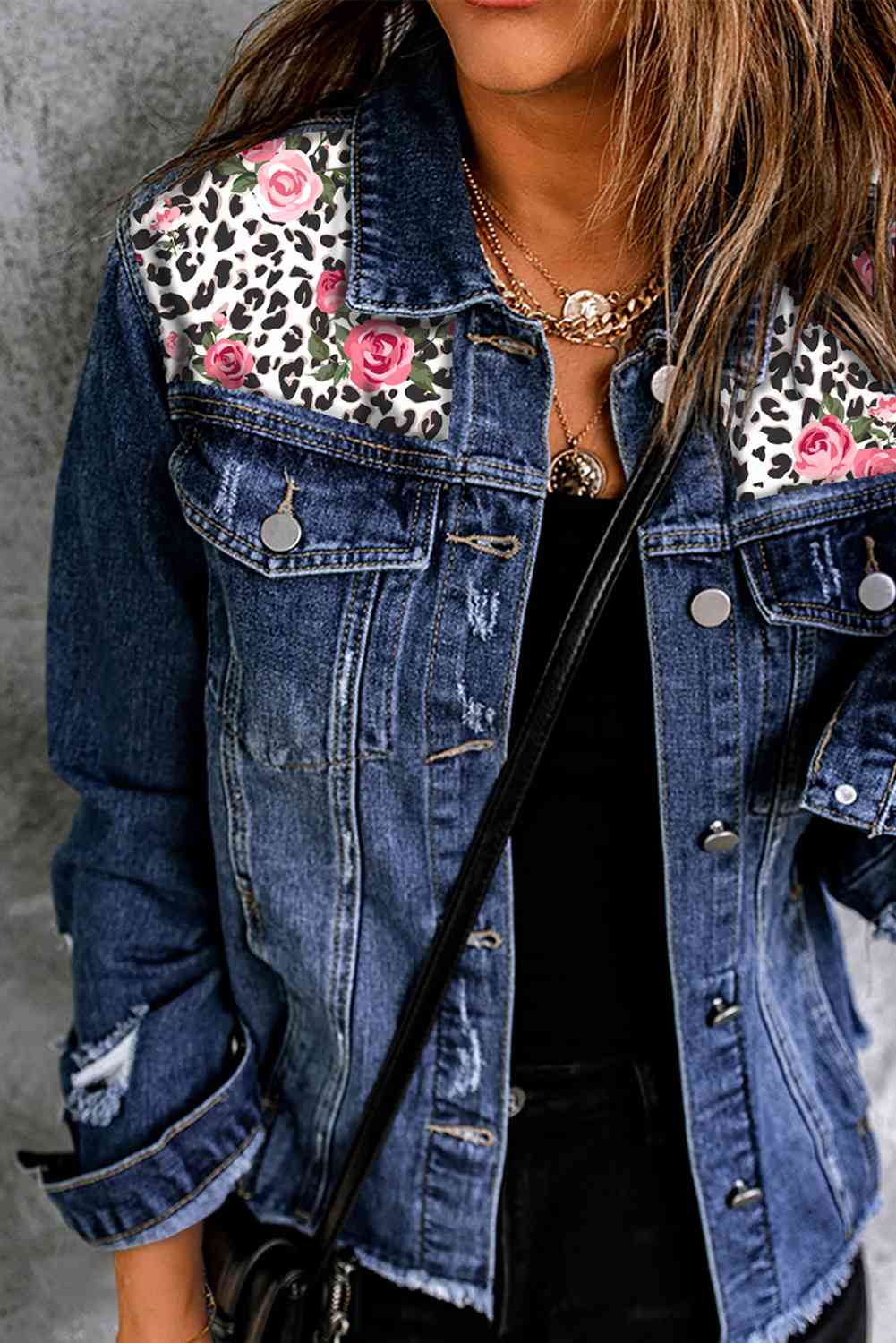 Mixed Print Distressed Button Front Denim Jacket - Makuwa Swim Wear