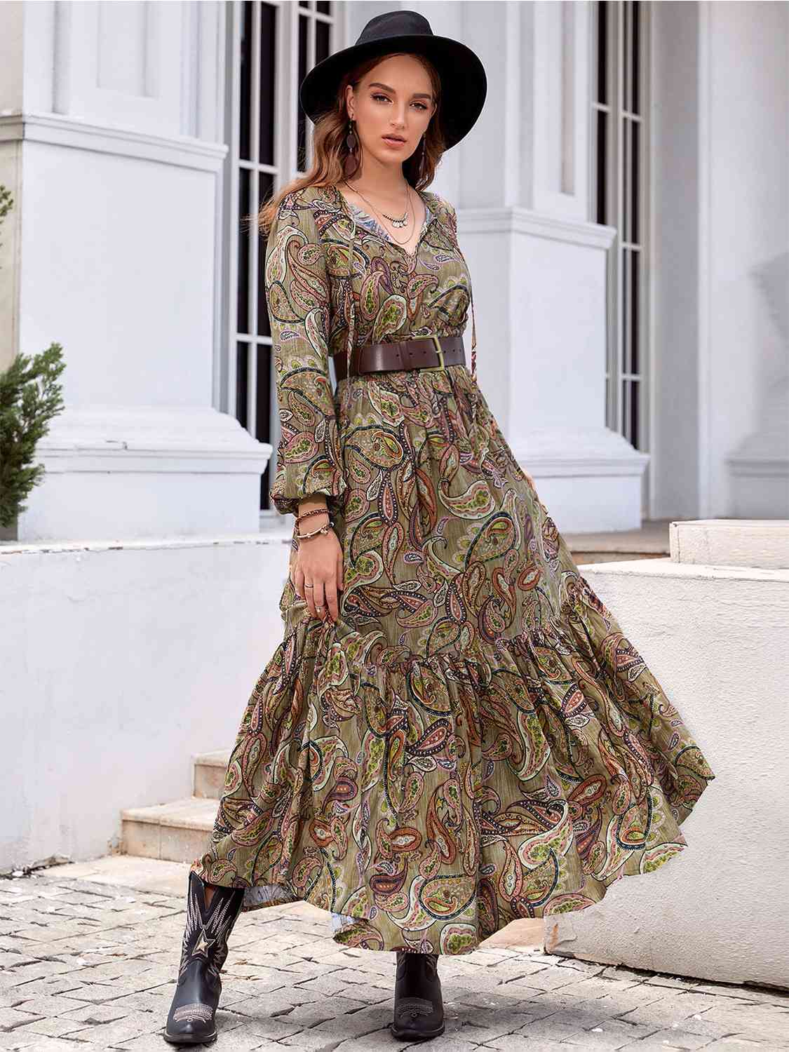 Printed Tie Neck Ruffle Hem Long Sleeve Dress Trendsi