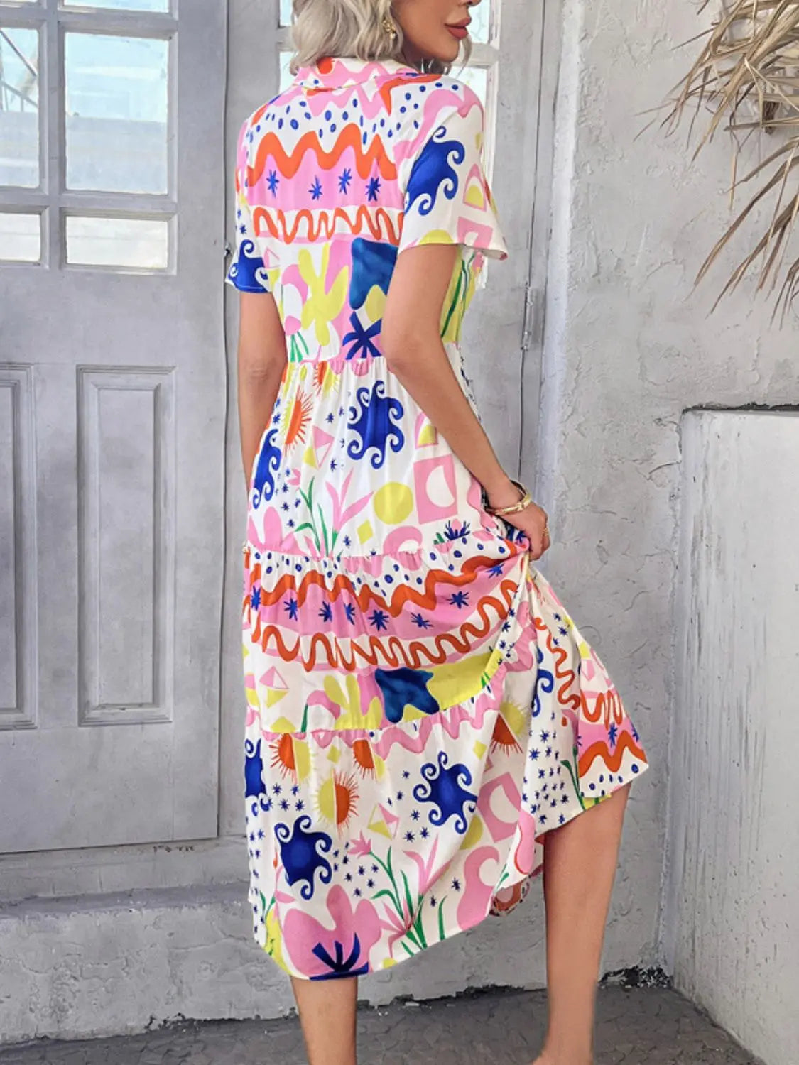Devine Printed Johnny Collar Button Down Short Sleeve Midi Shirt Dress Trendsi