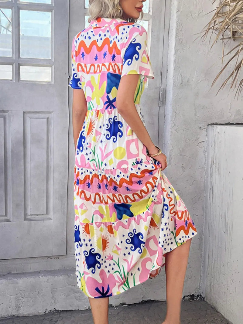 Devine Printed Johnny Collar Button Down Short Sleeve Midi Shirt Dress Trendsi