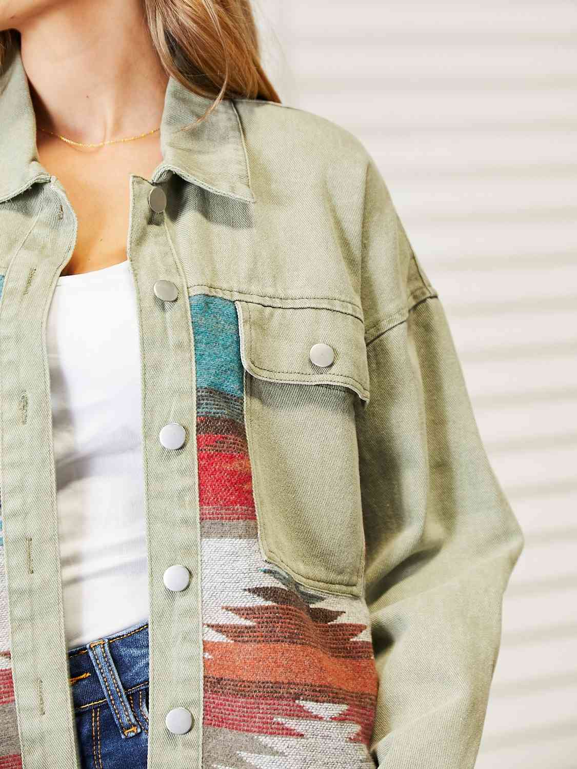 Dropped Shoulder Long Sleeve Printed Denim Jacket Trendsi