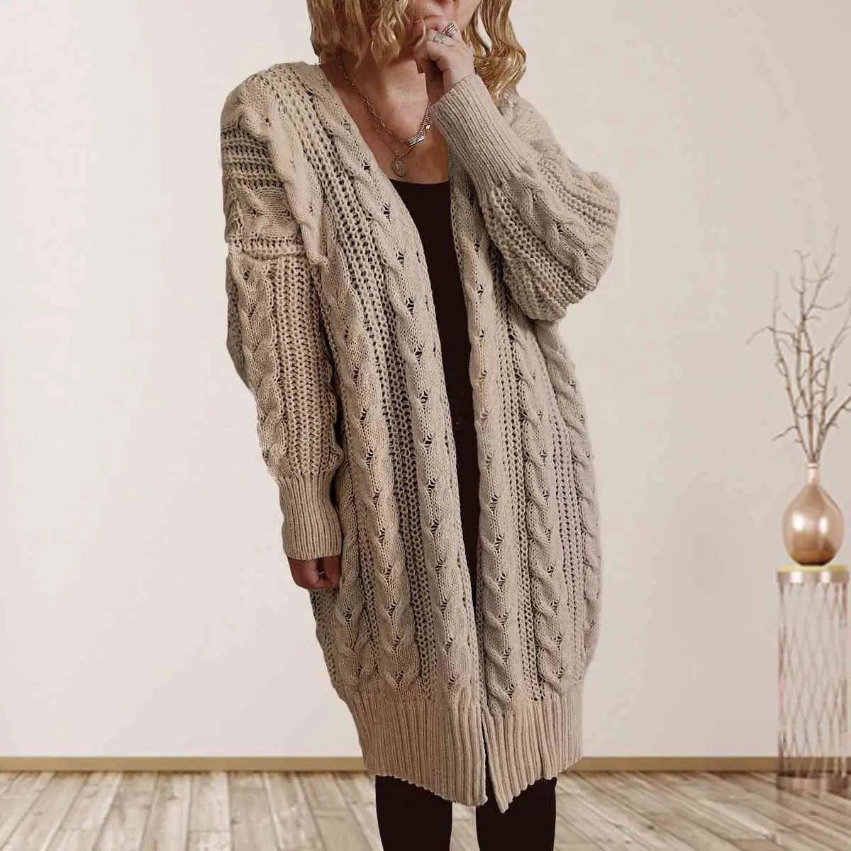 Cable-Knit Open Front Dropped Shoulder Cardigan Trendsi
