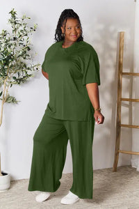 Double Take Full Size Round Neck Slit Top and Pants Trendsi