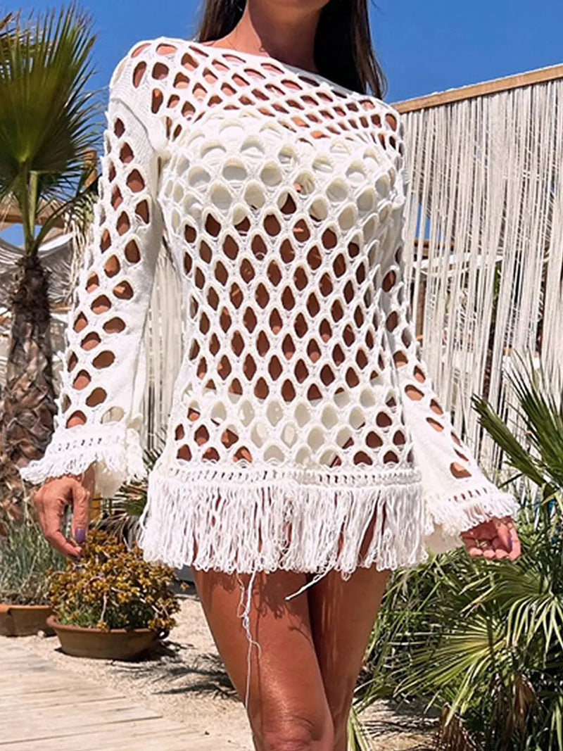 Fringe Cutout Long Sleeve Cover Up Trendsi