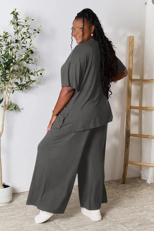 Double Take Full Size Round Neck Slit Top and Pants Trendsi