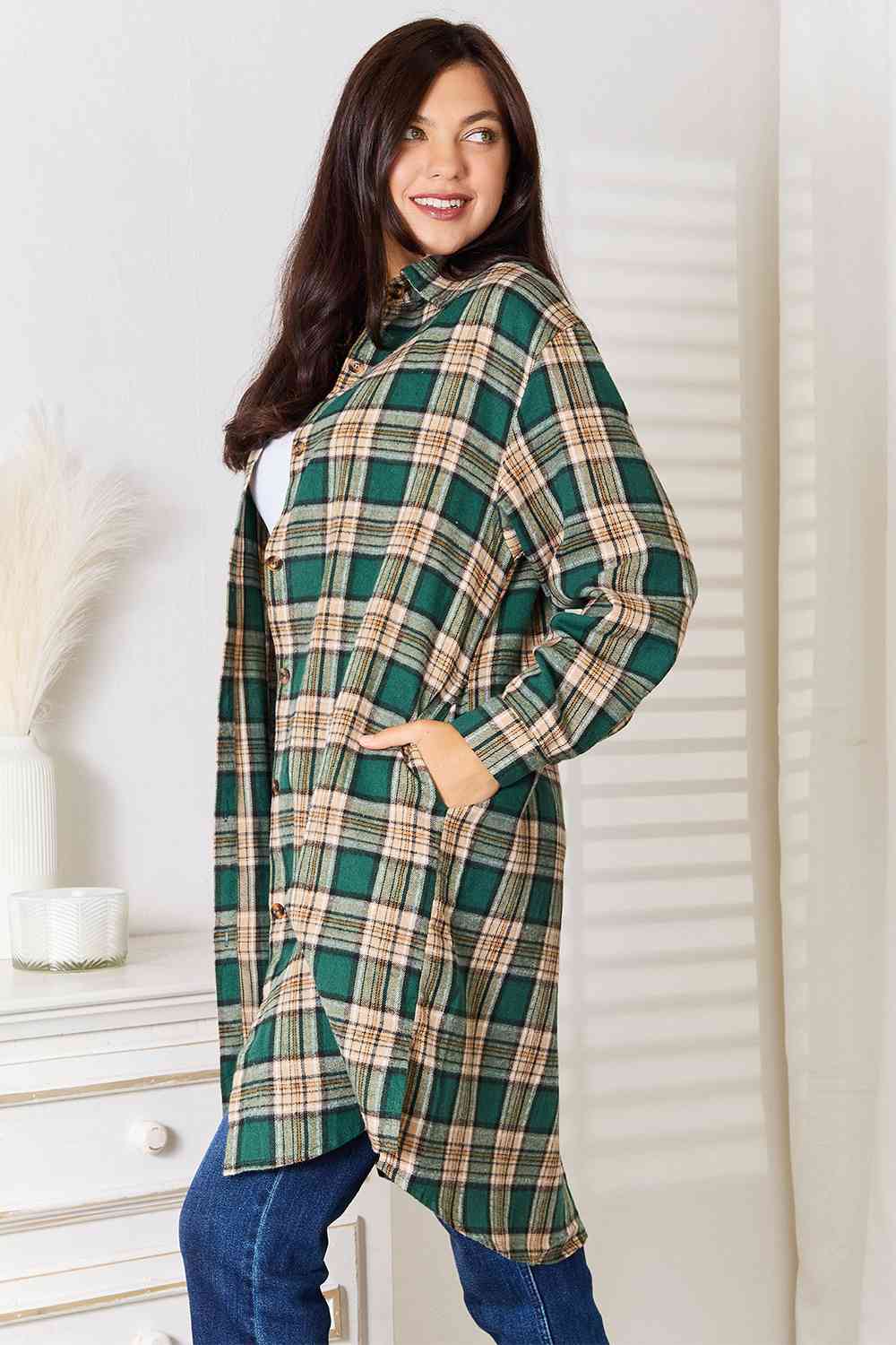 Double Take Plaid Collared Neck Long Sleeve Shirt Trendsi