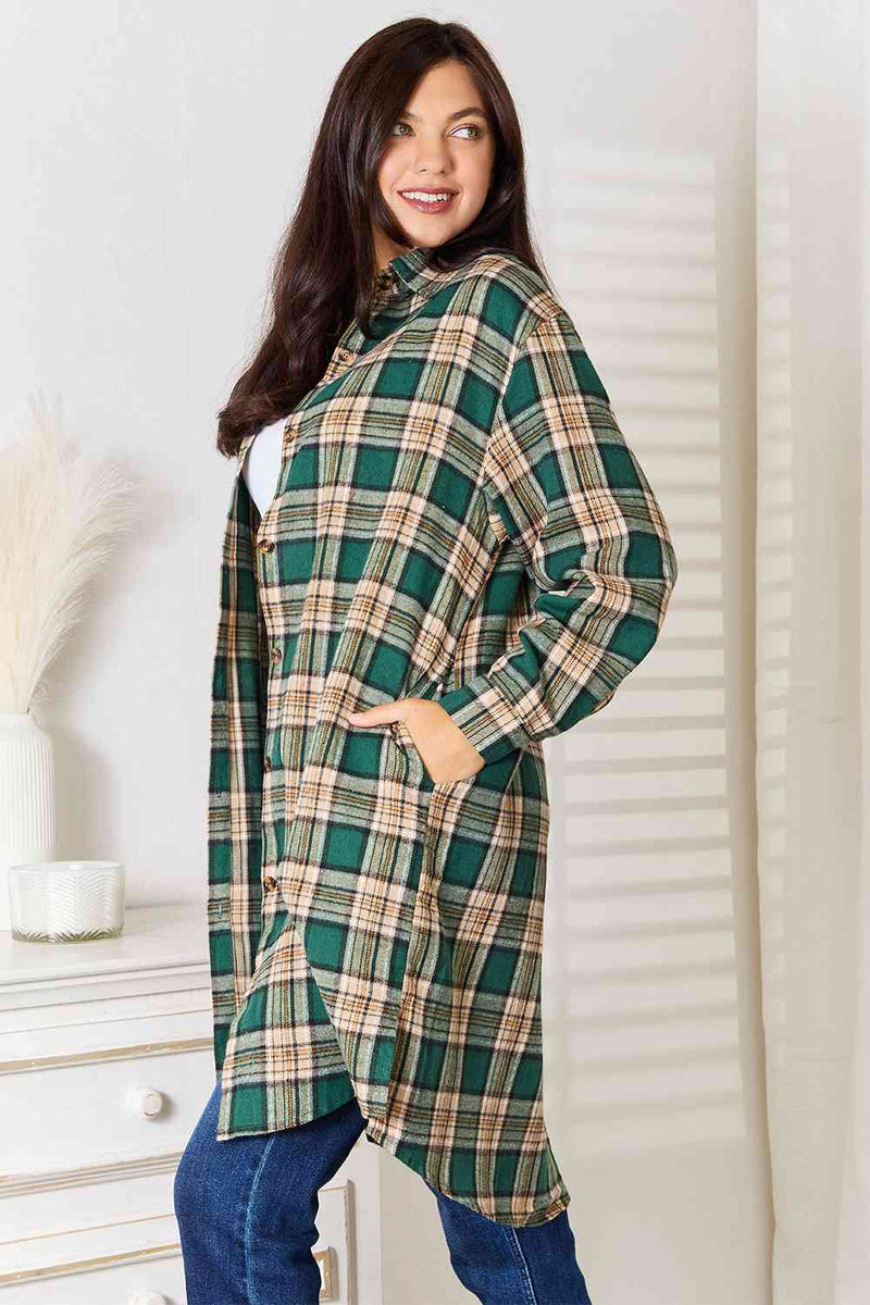 Double Take Plaid Collared Neck Long Sleeve Shirt Trendsi