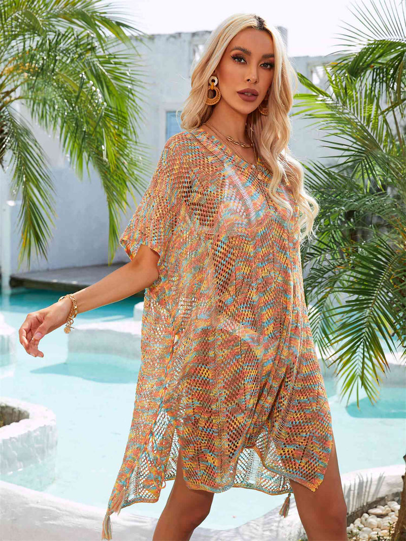 Multicolored Openwork Tassel Slit Cover-Up Trendsi