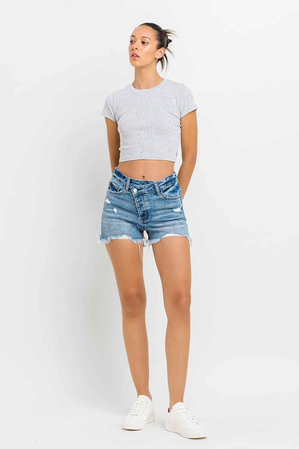 Lovervet Stepped Waist Raw Hem Denim Shorts Trendsi