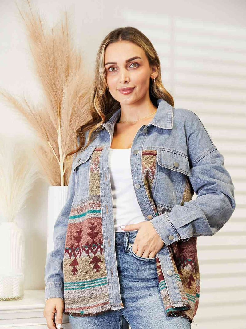 Collared Neck Dropped Shoulder Denim Jacket Trendsi