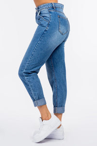 American Bazi High Waist Pleated Waist Mom Jeans Trendsi