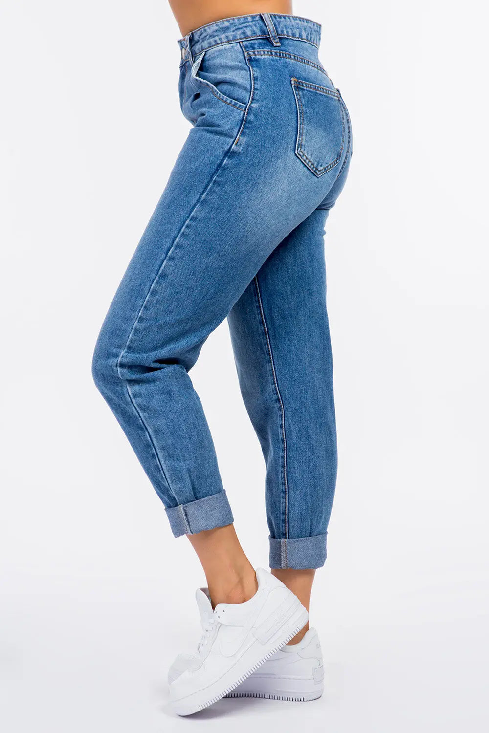 American Bazi High Waist Pleated Waist Mom Jeans Trendsi