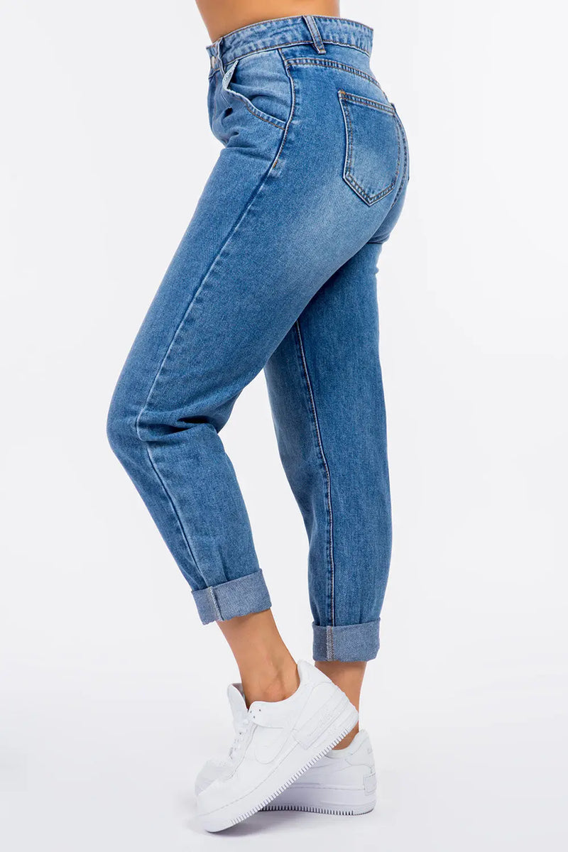 American Bazi High Waist Pleated Waist Mom Jeans Trendsi