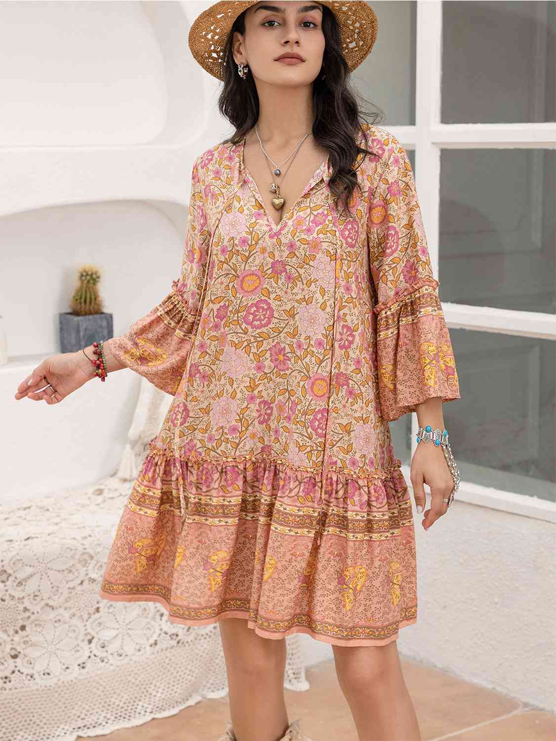 Floral Tie Neck Mini Dress Trendsi